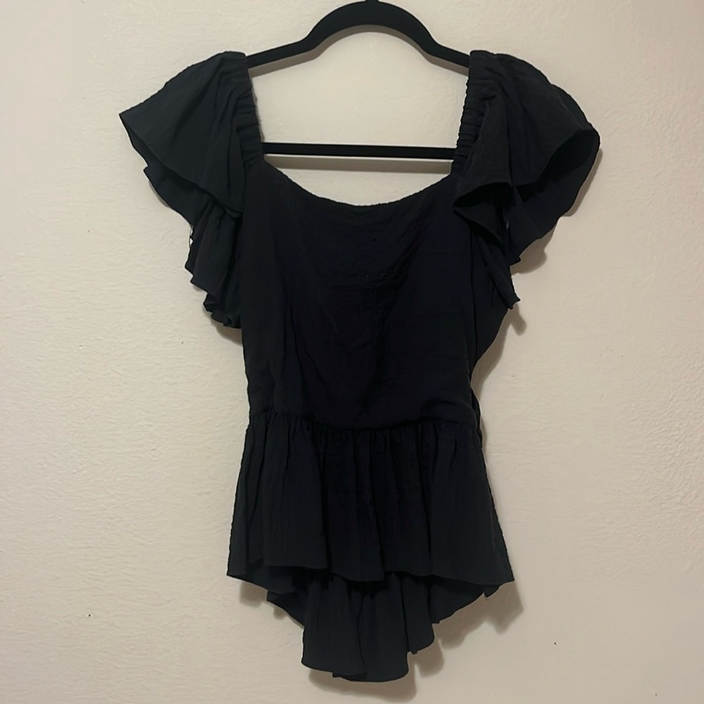Miou Muse Black Crinkled Ruffle Tied-Back Top